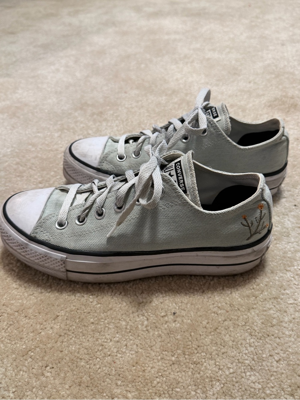 Converse Low-Top Canvas Sneakers in Pale Mint with Embroidered Flowers